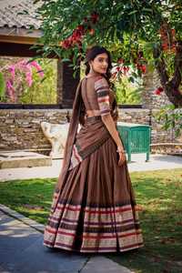 Conjunto de Lehenga Chanderi Marrón Puro con Borde de Tejido Zari, Traje Lehenga Choli para Bodas y Festivales para Mujer - Product Image 5