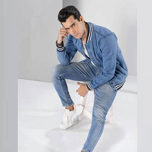 WARPRO INDUSTRY Men's Blue Solid Eco-friendly Denim Puffer <b>Jacket</b> Turn-down Collar Windproof Casual Autumn Wear Front 300g - Product Image 5