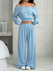 Conjunto de Sudadera con Hombros Descubiertos, Sudaderas Oversize, Chándal de Forro Polar Corto Personalizado, Conjunto de Pantalones de Pierna Ancha, Fabricante OEM, Ajuste Relajado - Product Image 3