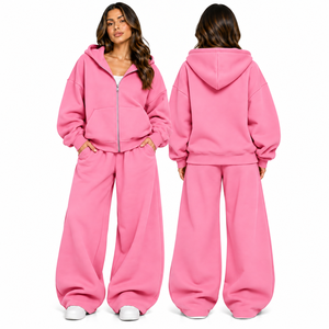 Ensemble survêtement rose à capuche pour femme, pantalon large et sweat-shirt oversize zippé, deux pièces, tenue décontractée streetwear - Product Image 1