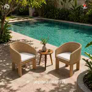 Fauteuil d'extérieur en rotin tressé à la main avec base en bois massif pour villa de luxe, hôtel, bord de piscine, mobilier de patio – Commande en gros - Product Image 1
