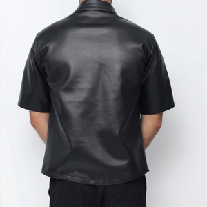 เสื้อเชิ้ตหนัง PU ผู้ชาย แขนสั้น ติดกระดุม แฟชั่นทันสมัย สำหรับใส่ลำลอง สตรีทแฟชั่น งานกลางคืน และสไตล์ประจำวัน - Product Image 2
