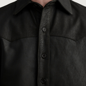 Veste chemise en cuir PU noir pour homme, col rabattu, fermeture boutonnée, coupe ajustée, style workwear, vêtement d'automne - Product Image 6