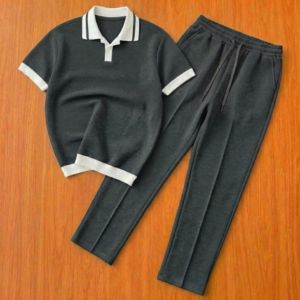 Custom Men's 2 Piece <b>Knit</b> <b>Set</b> Short Sleeve Shirt and Long Pants Tracksuit - Product Image 3