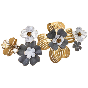 Décoration murale en métal doré, gris et blanc, motif floral contemporain, arrangement floral sculptural pour salon et chambre de luxe - Product Image 1