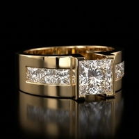 Bague de fiançailles solitaire 2 carats taille princesse avec bande large en forme de cigare, sertie de diamants taille princesse cultivés en laboratoire, en or jaune 10K