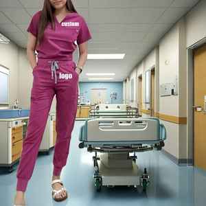 Tenues médicales personnalisées : Blouse d'infirmière à manches courtes, pantalon de jogging, ensemble de tenues de spa extensibles et ajustées pour infirmières - Product Image 2