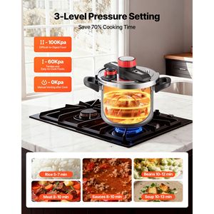 Pentola a Pressione in Acciaio Inox da 8 Litri con Coperchio in Vetro Temperato e Griglia per Cottura a Vapore, Compatibile con Fornelli a Induzione, Tre Livelli di Pressione - Product Image 6