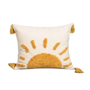 Sun Embroidery <b>Throw</b> Pillow Square Bohemian Style Decorative Cushion with Tassels Yellow and <b>White</b> Cotton Cover For Bulk Supply - Product Image 1