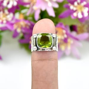 925 Sterling <b>Silver</b> NaturalGreen Peridot <b>Statement</b> Cushion Cut Gemstone Band <b>Ring</b> Jewellery For Girls Fine Handmade Jewelry - Product Image 2