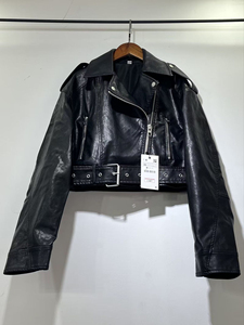 Blouson moto homme en cuir véritable noir, coupe ajustée, col rabattable, détail ceinture, longueur courte, imperméable, respirant, coupe-vent - Product Image 6