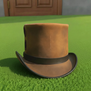 Premium quality custom made Handmade Unisex Brown Leather Top Hat Steampunk Cosplay Costume - Product Image 4