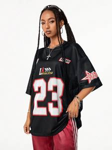Maillot de football américain en maille pour femme, coupe oversize, manches courtes, style streetwear, haut de sport, numéro personnalisé, fournisseur OEM, usine - Product Image 3