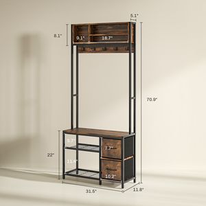 Panca da ingresso 5 in 1 con appendiabiti, 3 ripiani portaoggetti, 2 cassetti in tessuto - Mobile ingresso con contenitore per scarpe, marrone - Product Image 3