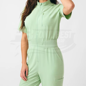 Women Light Green <b>Scrub</b> Top With Zip Front And Pocket For Medical Staff Hospital <b>Uniform</b> Knitted Cotton Polyester Blouse - Product Image 3