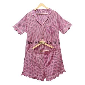 Conjunto de Pijama Corto de Verano para Mujer, Ropa de Dormir de Algodón Estampada a Mano, Ropa de Dormir Suave con Detalles Hechos a Mano para Mujer - Product Image 3