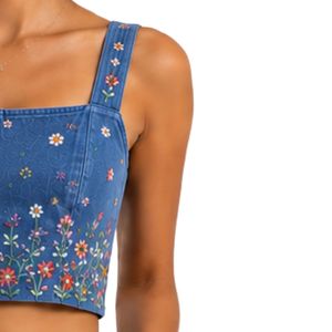 Customized Denim Blue Women Embroidered Crop Top and Skirt <b>Set</b> Floral Summer Two Piece Outfit Custom Logo OEM Wholesale Apparel - Product Image 4