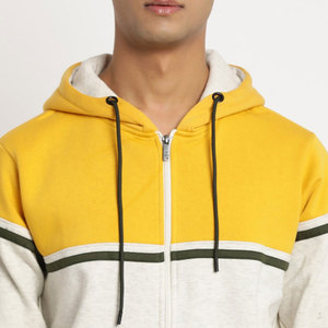 Sweat-shirt à capuche zippé pour homme, couleur crème jaune, avec blocs de couleur contrastés, en molleton, manches longues, cordon de serrage, style streetwear décontracté - Product Image 6