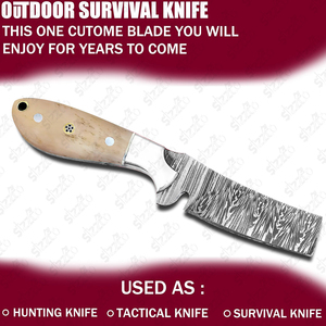 Cuchillo de caza y camping de hoja fija de acero de Damasco hecho a mano, estilo vaquero personalizado, con funda de cuero. - Product Image 3