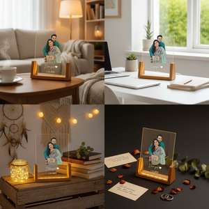 Acrylic Photo Frame With <b>LED</b> <b>Light</b> Wooden Base Personalized Couple Portrait Display Desk Lamp Warm White 2700K Modern Design - Product Image 2