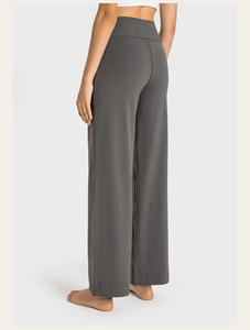 Pantalon large taille haute pour femme, couleur unie, en tricot de coton élasthanne, coupe décontractée, avec cordon de serrage, longueur totale - Product Image 4