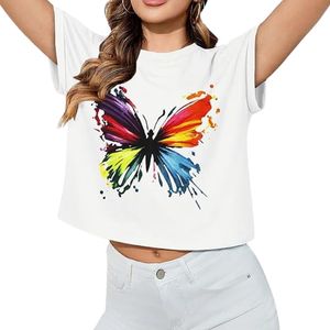 Lightweight Butterfly Graphic <b>White</b> T Shirts Polyester Stretch Fabric Hot Sale Short Sleeve Summer <b>Womens</b> <b>Crop</b> <b>Tops</b> - Product Image 1