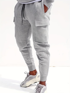 Men's Gray Canvas Cotton Joggers Premium Regular Fit Mid Waist Drawstring Casual Pockets Windproof Lightweight All Seasons - Product Image 4