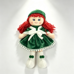 Poupée en tissu rouge personnalisée, poupée en peluche avec robe en velours vert, poupée en tissu douce sur le thème de Noël - Product Image 1