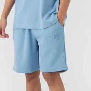 Ensemble t-shirt et short pour homme, bleu clair, col rond, tissu tricoté uni, style décontracté, respirant, pour l'été - Product Image 4