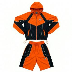 <b>Men's</b> Orange Black Color Block Tracksuit Printed Casual Loose Fit Shorts Set Quick Dry Sporty <b>Summer</b> Wear - Product Image 1