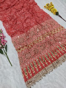 <b>Red</b> Silk Bandhani Print Saree Set Mirror Work <b>Blouse</b> Embroidered Border Tassel Finish-Traditional Indian Wedding Party Outfit - Product Image 5