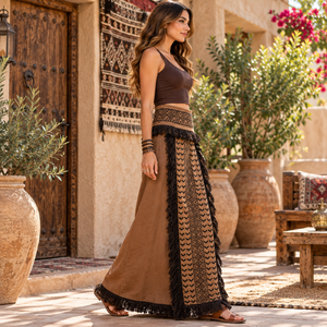 Brown Tribal Geometric Fringe Maxi <b>Skirt</b> Womens Bohemian Printed Tassel Floor Length <b>Wrap</b> <b>Skirt</b> | Ethnic Festival Resort Vacatio - Product Image 4