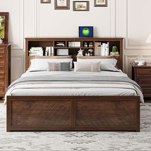 Letto King-Size con Piattaforma in Legno Anticato, Testiera Multi-Scomparto e Cassetti con Porte USB - Product Image 2