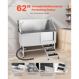 Stazione di lavaggio per cani in acciaio inossidabile da 62 pollici con scale, pannello filtro acqua in PE, rubinetto, soffione doccia e sapone per toelettatura esterna di animali domestici - Product Image 2