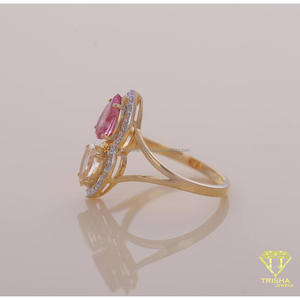Anillo de compromiso de doble halo con diamantes cultivados en laboratorio en forma de pera, color rosa y champán, en oro amarillo de 14 quilates, anillo de promesa de dos piedras para boda - Product Image 3