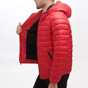 Men's <b>Red</b> <b>Hooded</b> Puffer <b>Jacket</b> Zipper Closure Windproof Casual Winter Coat Regular Fit Solid Color Polyester Wadding - Product Image 2