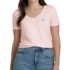T-shirt pour femme à col en V, manches courtes, couleur unie, logo, vêtement décontracté, coupe classique, tissu jersey 100% coton biologique, séchage rapide, été - Product Image 1