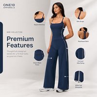 Ensemble de sport deux pièces premium pour femme, col carré, dos nageur, pantalon large, bleu marine uni, coupe courte et ample, séchage rapide