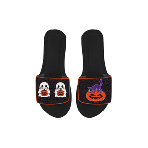 Sandalias planas con pedrería y lentejuelas de Halloween Candy Corn, de punta abierta, a la moda, para fiestas y temáticas de Halloween. - Product Image 4