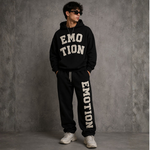 Conjunto de Sudadera con Capucha y Pantalones Deportivos para Hombre, Color Negro, Conjunto Deportivo Informal de Felpa, Estampado Gráfico, 2 Piezas - Product Image 1