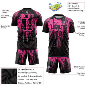Uniforme de Fútbol Personalizado con Diseño de Goteo de Pintura Negro y Rosa, Nombre y Número del Equipo Personalizados, Camiseta y Pantalones Cortos de Fútbol, Kit Completo para Hombre y Jóvenes - Product Image 3