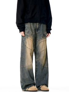 Jeans al por mayor personalizados para hombre, estilo urbano, hip hop, con dobladillo sin rematar, holgados, descoloridos por el sol, de corte recto, azul oscuro, de pierna ancha - Product Image 4
