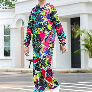 Conjunto Deportivo Unisex con Capucha y Estampado Geométrico, Manga Larga, Corte Holgado, Estilo Urbano, Transpirable, Cintura Elástica, Bolsillos Laterales - Product Image 1