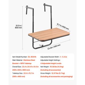 Tavolo Pieghevole da Esterno 25x24 per Balcone, Tavolo da Bar Regolabile a 4 Livelli per Ringhiera, Tavolo Premium da Esterno - Product Image 6