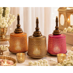 Farol cilíndrico de latón con recortes florales, base de madera, decoración para el hogar, bodas, Diwali, portavelas de metal para velas de té - Product Image 6