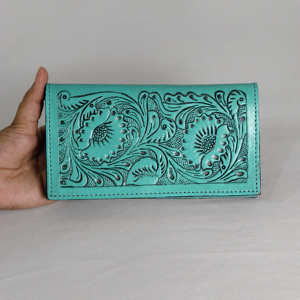 Cartera Corta de Cuero Genuino Turquesa, Nueva, Superventas, con Grabado Floral, Estilo Bohemio, Cierre a Presión, Unisex, para Uso Diario - Product Image 2