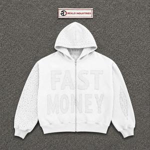 Felpa con Cappuccio Bianca di Alta Qualità con Grafica FAST MONEY, Moda Contemporanea, Felpa con Zip Goffrata, Streetwear Oversize da Uomo - Product Image 5