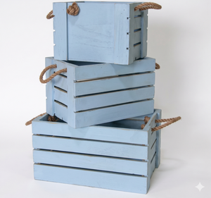 Modern Rustic Blue Wooden Storage Crates Set Nesting Decorative Beach Style Wood Display Boxes With Hemp Rope Handles For Home - Product Image 2