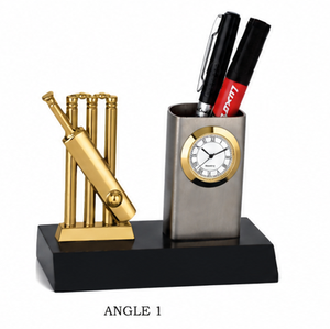 Trophée de cricket plaqué or avec horloge et porte-stylo, modèle 163, pour bureaux promotionnels, avec base en bois noir - Product Image 3