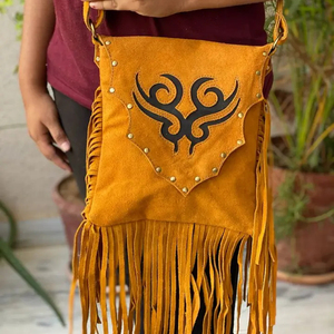 Custom Luxury Genuine Suede Leather Fringed Sling <b>Shoulder</b> Bag Yellow Color Vintage Multifunction Adjustable <b>Shoulder</b> <b>Strap</b> Bags - Product Image 3
